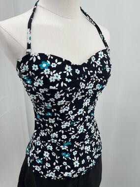 Anne Cole Tankini S Black White & Teal Floral Print Coastal Cottagecore Beachy
